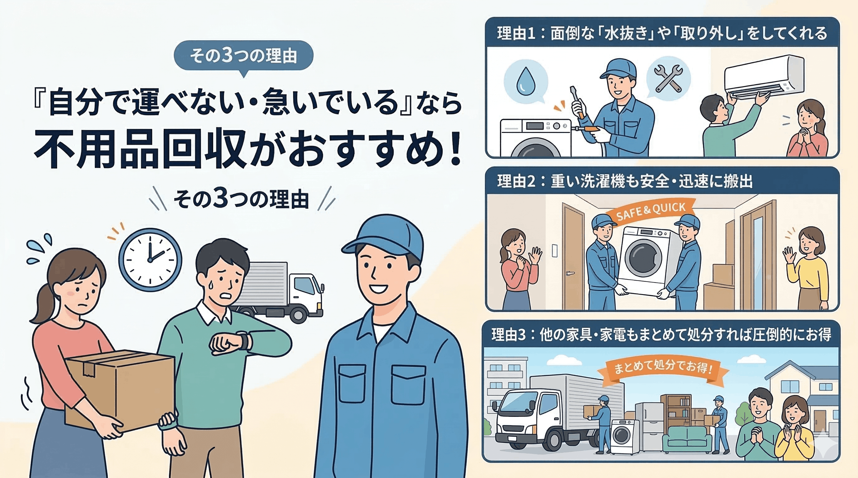 「自分で運べない・急いでいる」なら不用品回収がおすすめな3つの理由