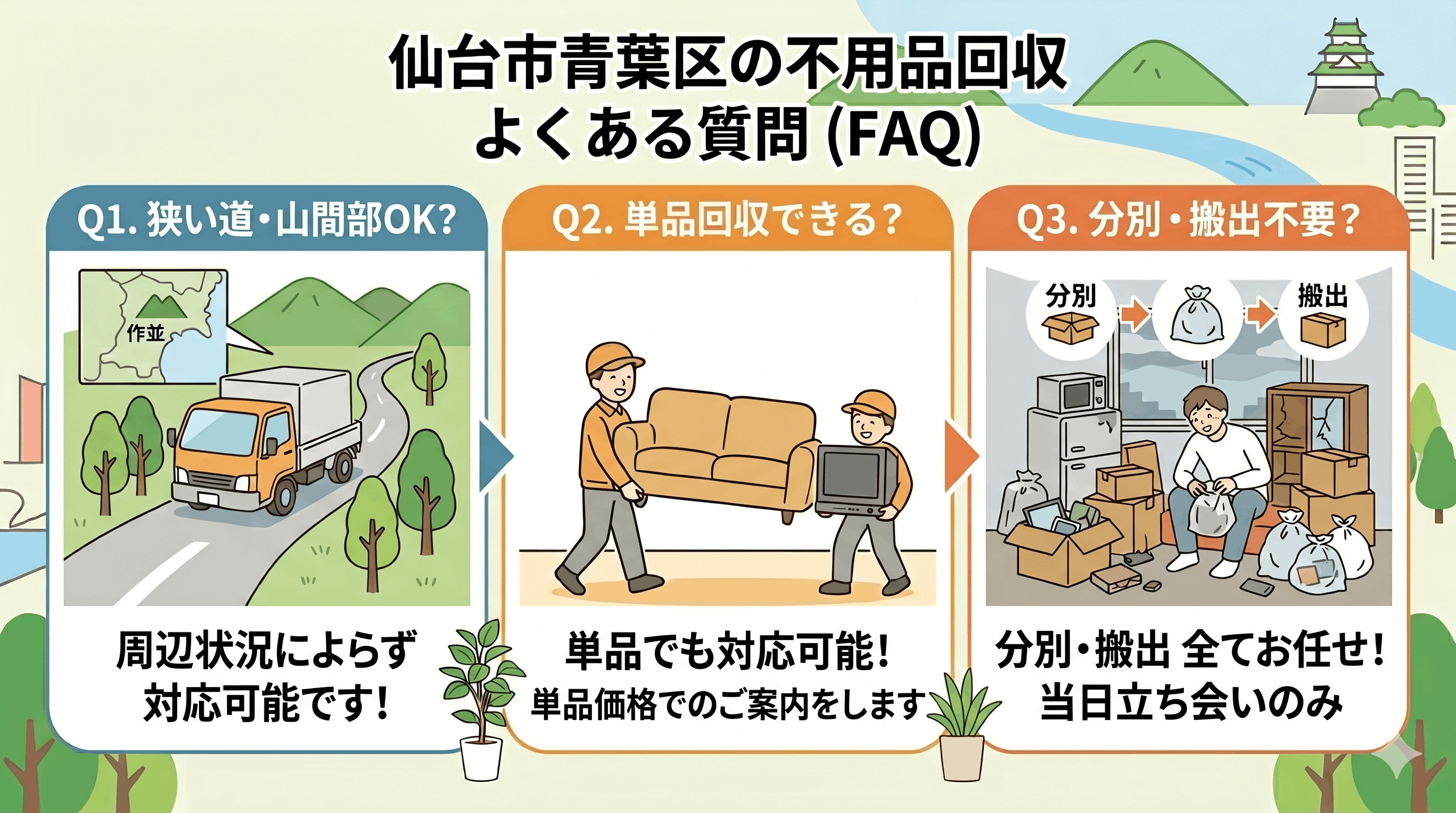 仙台市青葉区の不用品回収に関するよくある質問 (FAQ)