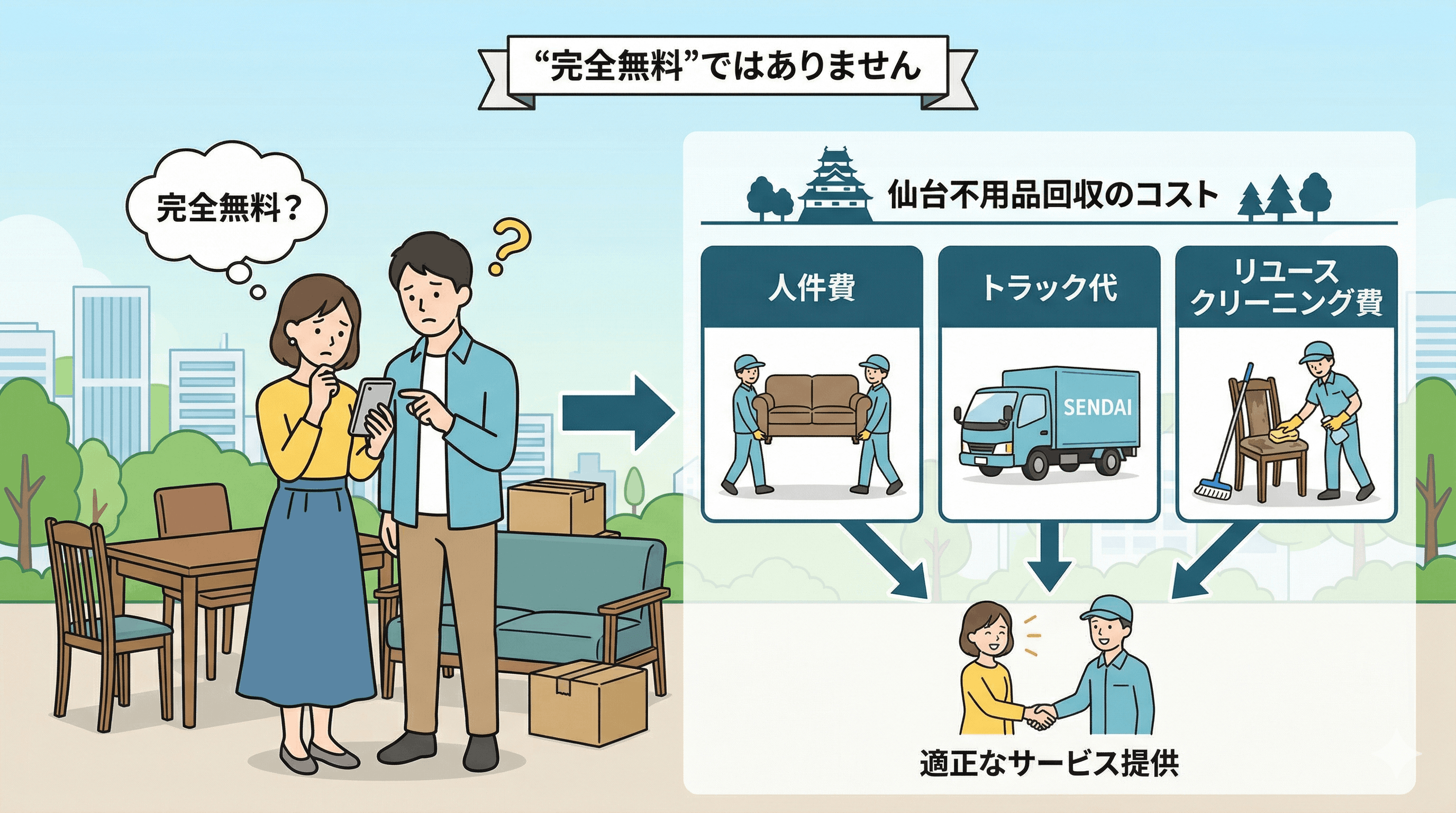 結論：仙台不用品回収サービスは「完全無料」ではありません