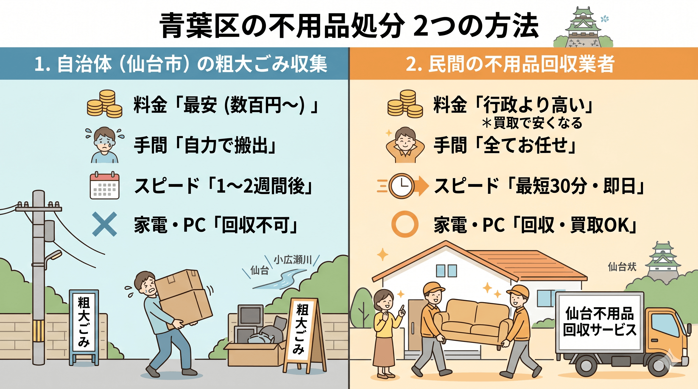 青葉区で不用品・粗大ごみを処分する2つの方法