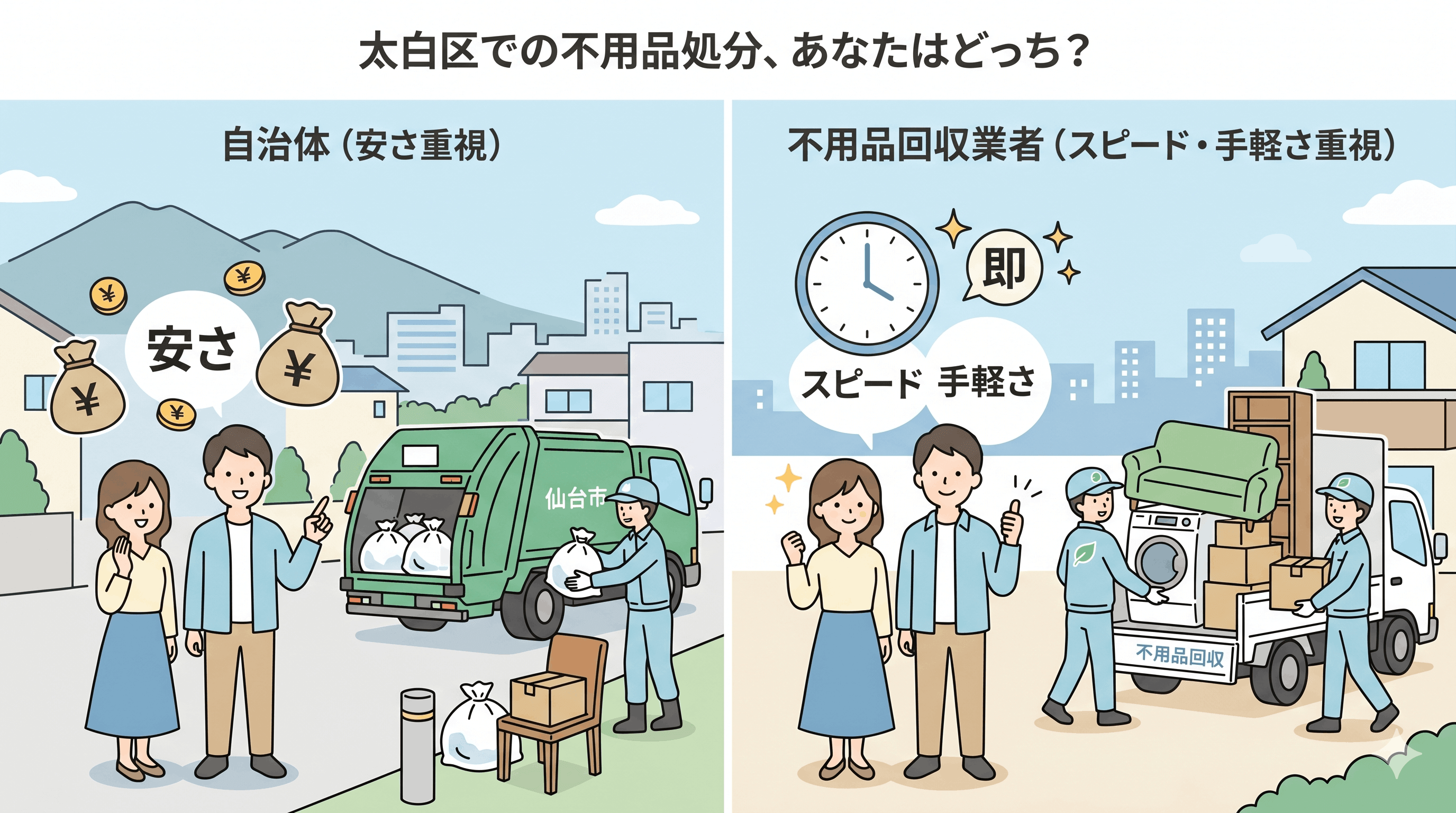 太白区では自治体と不用品回収業者はどちらがおすすめ？